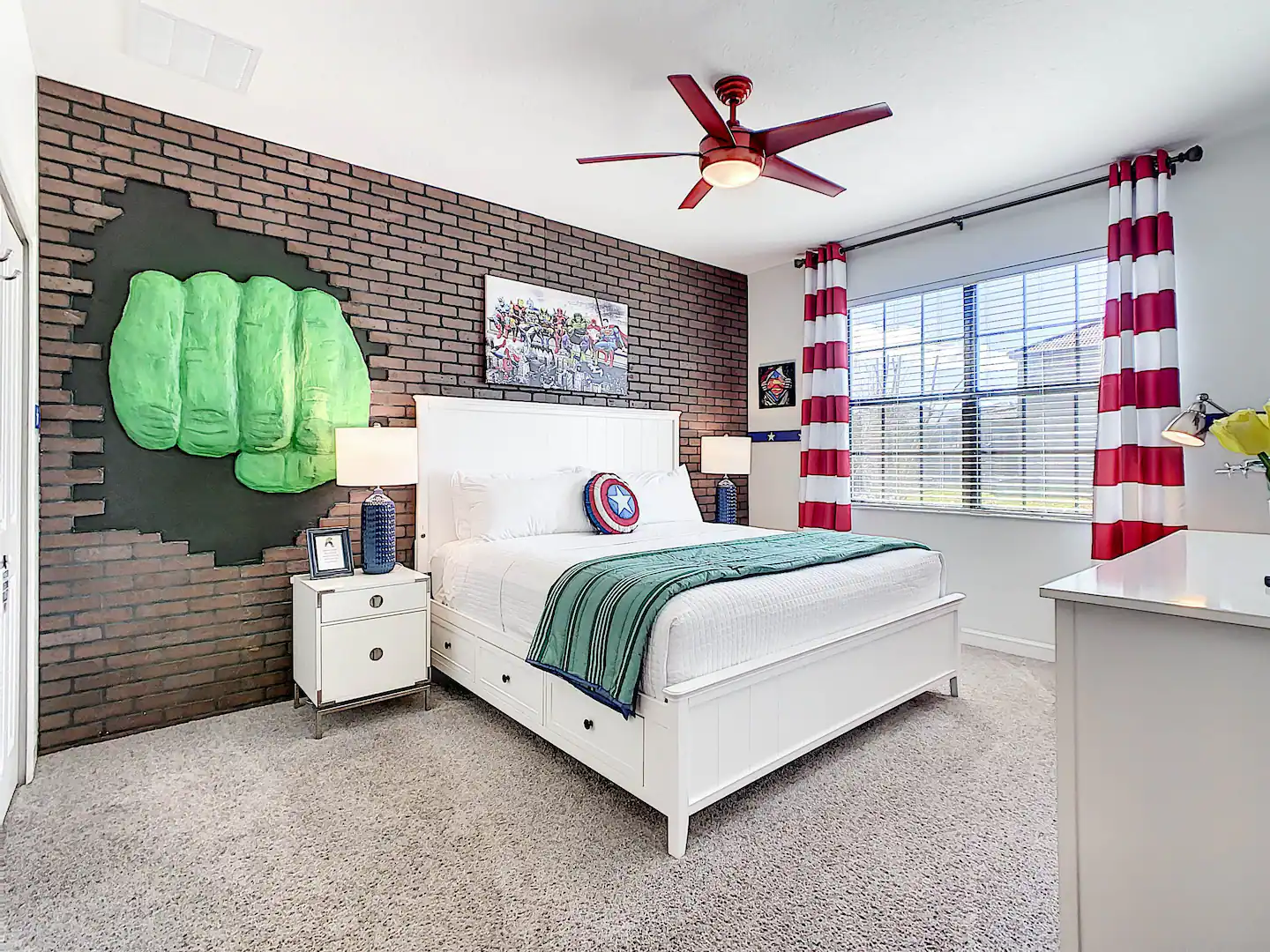 As you enter this patriotic hero chamber, you are greeted with a 3' 1/2" Hulk fist!!