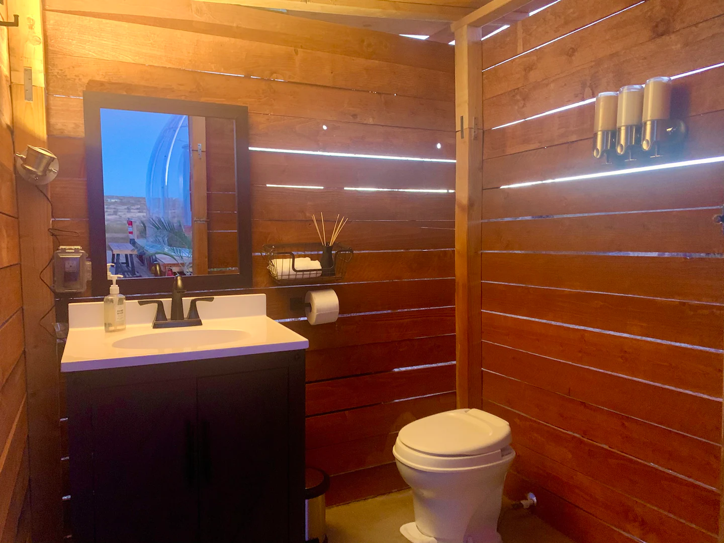 Only a propane-powered outdoor shower, with hot water ready in 30 minutes for a fast shower.