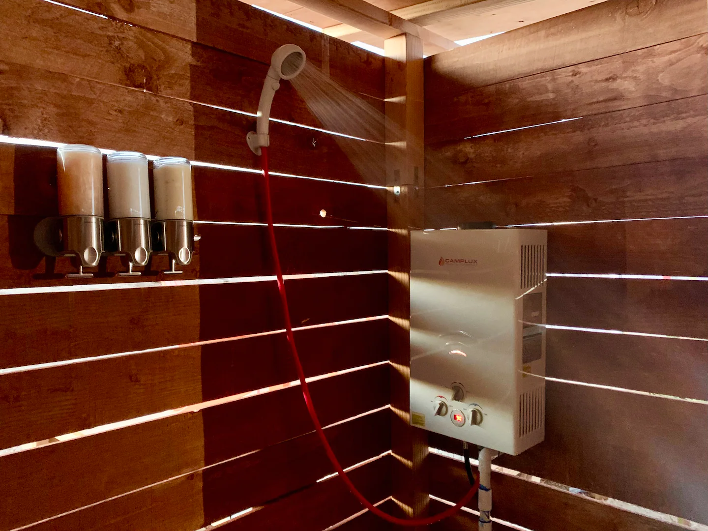 Only a propane-powered outdoor shower, with hot water ready in 30 minutes for a fast shower.