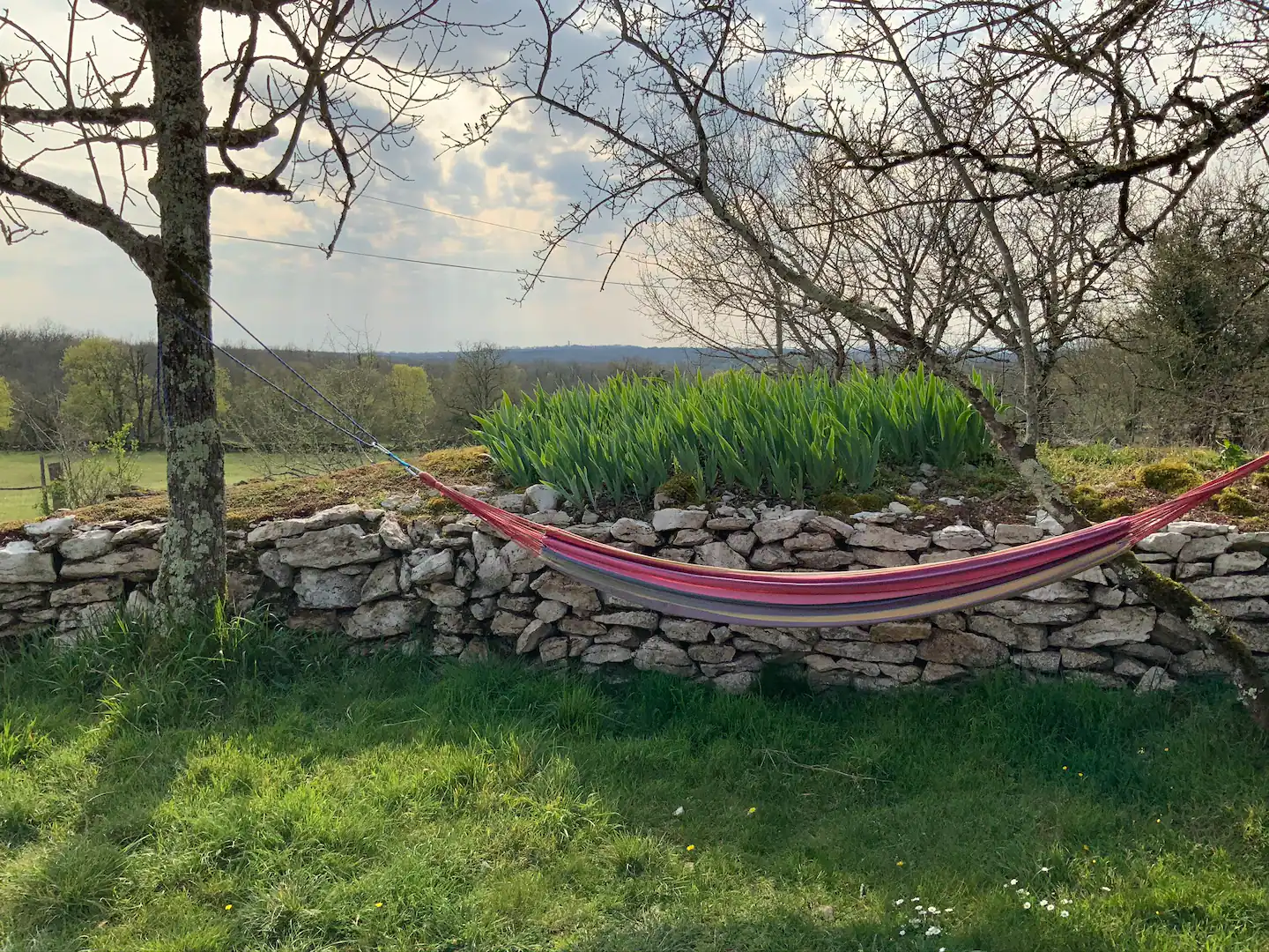 Deckchairs and a hammock for two individuals are available for relaxation.