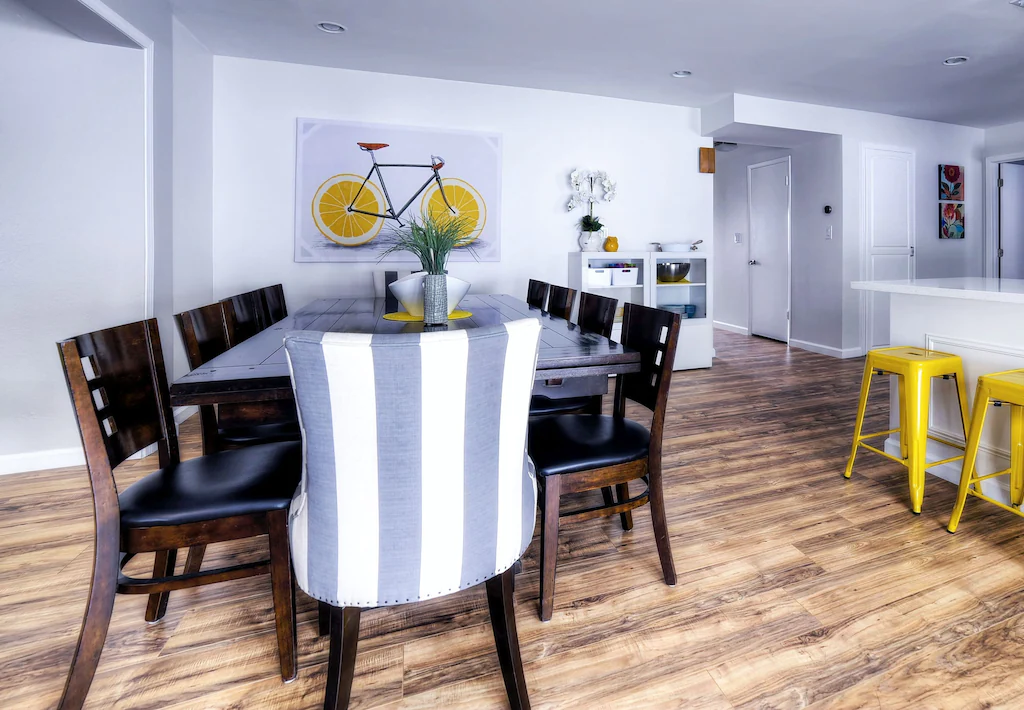 The dining room table can seat 14 people.