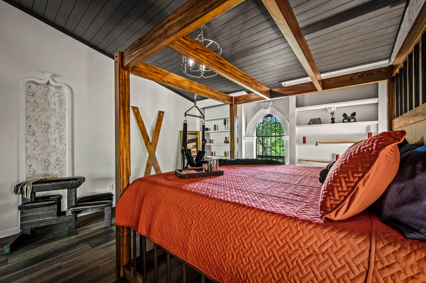 King bed with cage and attachments.