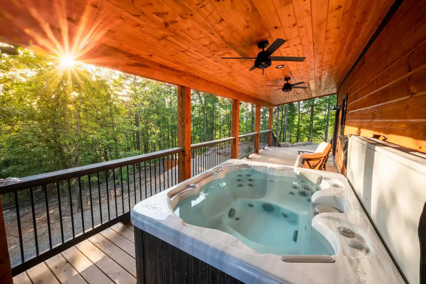 The hot tub is conveniently accessible from the master bathroom.