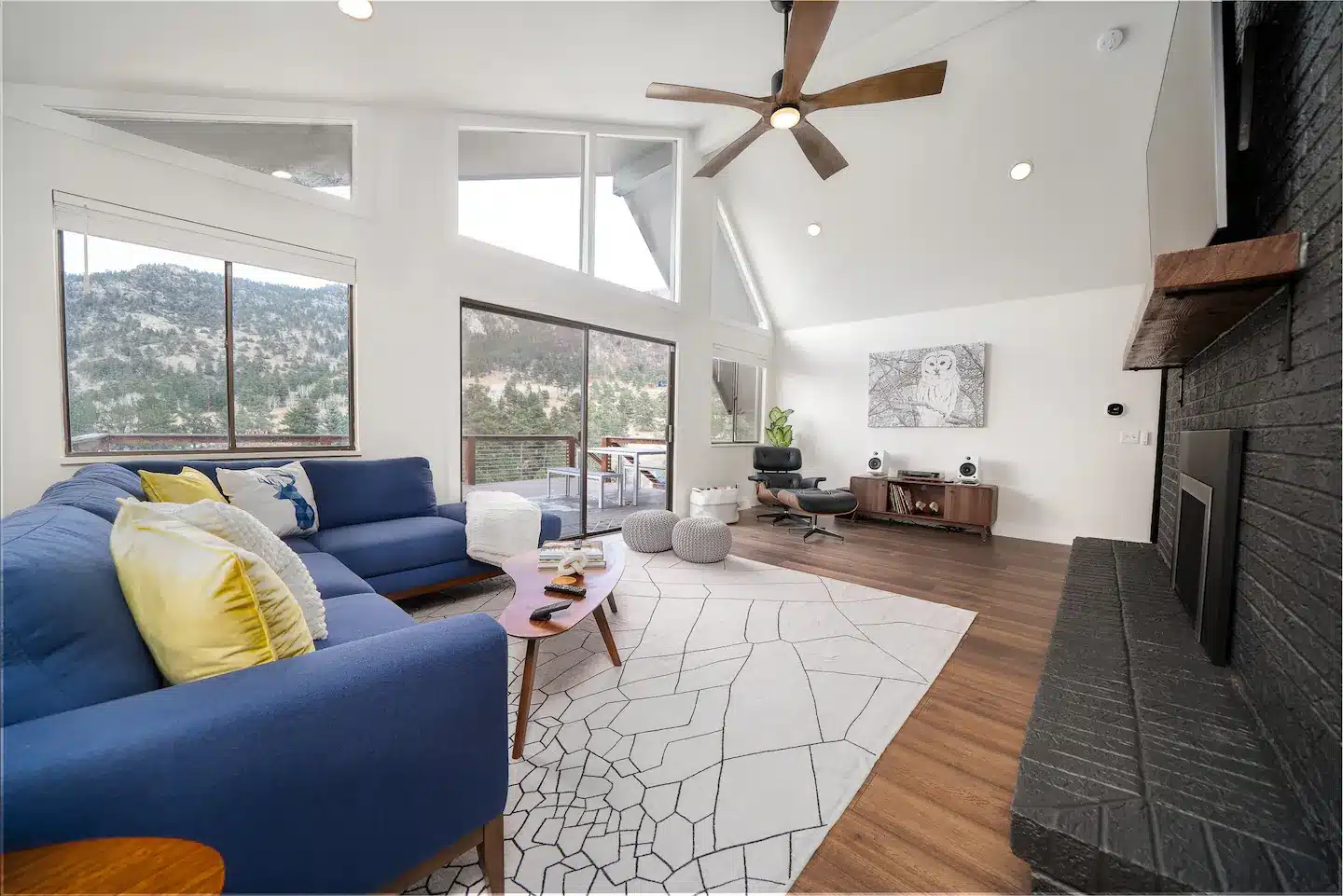 The upstairs one has a 75" TV loaded with channel apps (bring your own accounts), plus warm gas fireplace and a record station with classic vinyl.