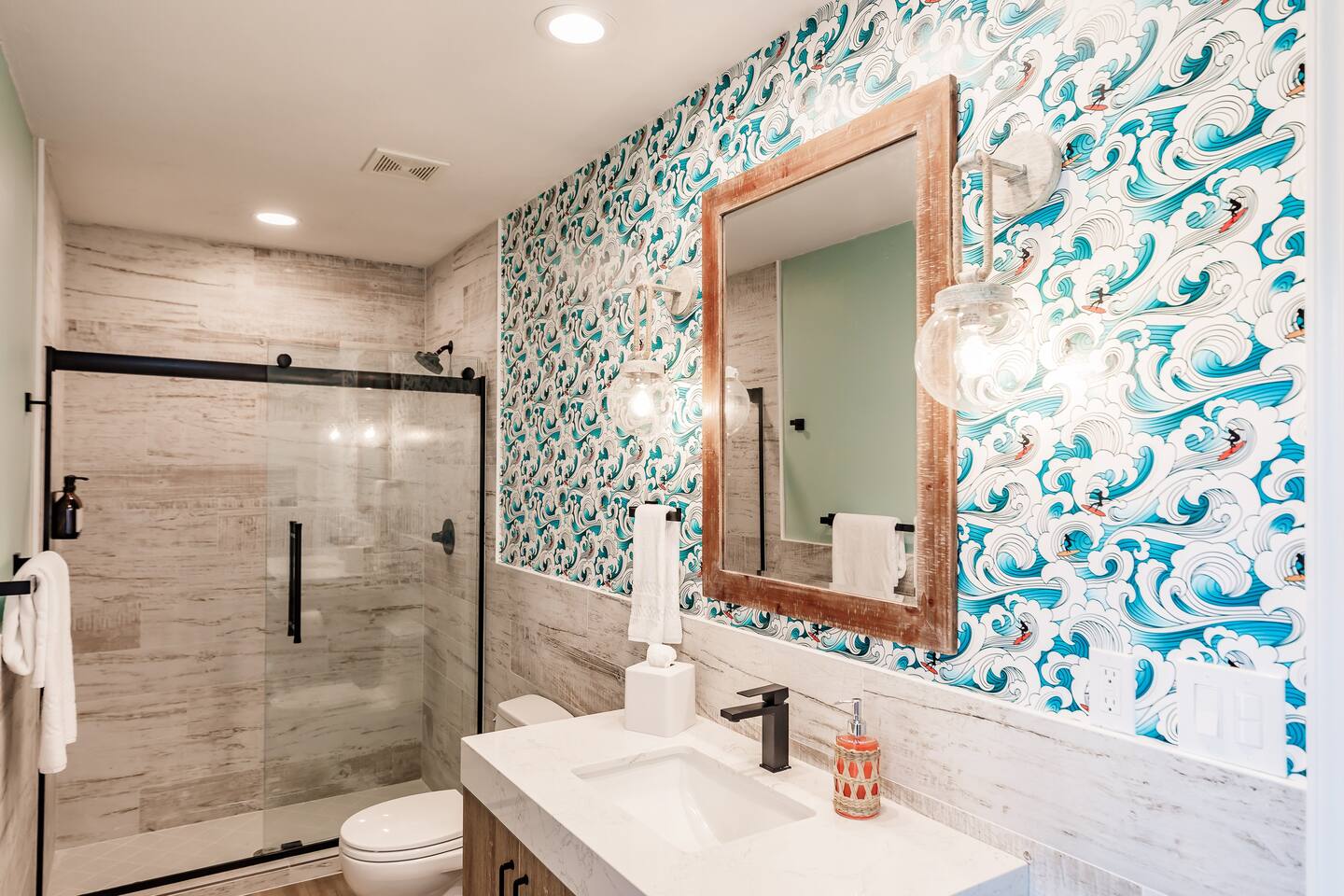 Secondary cabana bathroom (off the pool) with large walk-in shower.