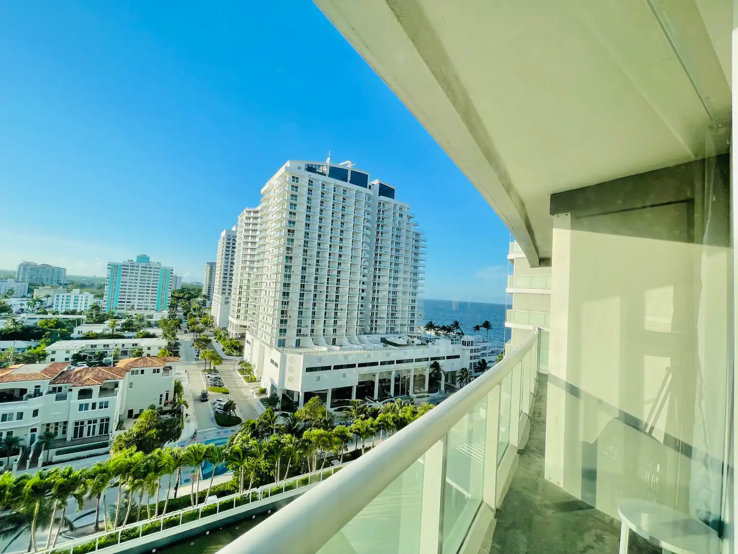 Panoramic beach and city views.